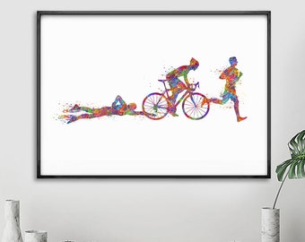 Tableau Toile Triathlon 60x90 Cm - Art Sportif Aquarelle Splash - Décoration Murale