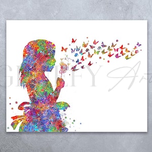 Girl Blowing Dandelion Watercolor Print: Kids Room Wall Art