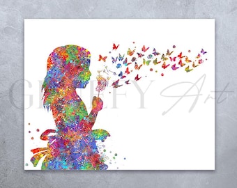 Girl Blowing Dandelion Watercolor Print: Kids Room Wall Art