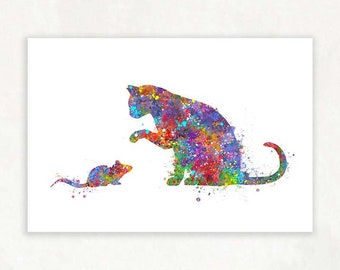Cat and Mouse Watercolour Print - Cat and Mouse Print - Cat and Mouse Poster - Cat and Mouse Portrait - Gift for Cat Lover