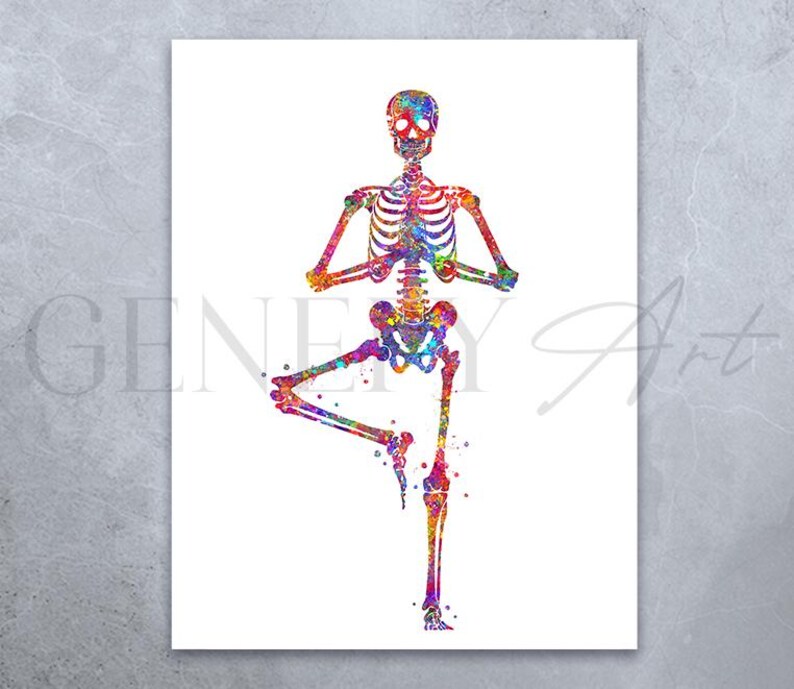 May include: A colorful watercolor painting of a skeleton in a yoga pose. The skeleton is in a tree pose with its right leg raised and its arms outstretched. The painting is done in a variety of colors, including pink, blue, green, and yellow.