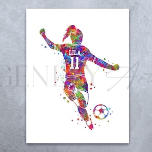 Impresión artística de acuarela de jugadora de fútbol personalizada - Póster de jugador de fútbol - Impresión de fútbol - Decoración de sala deportiva - Decoración artística de fútbol