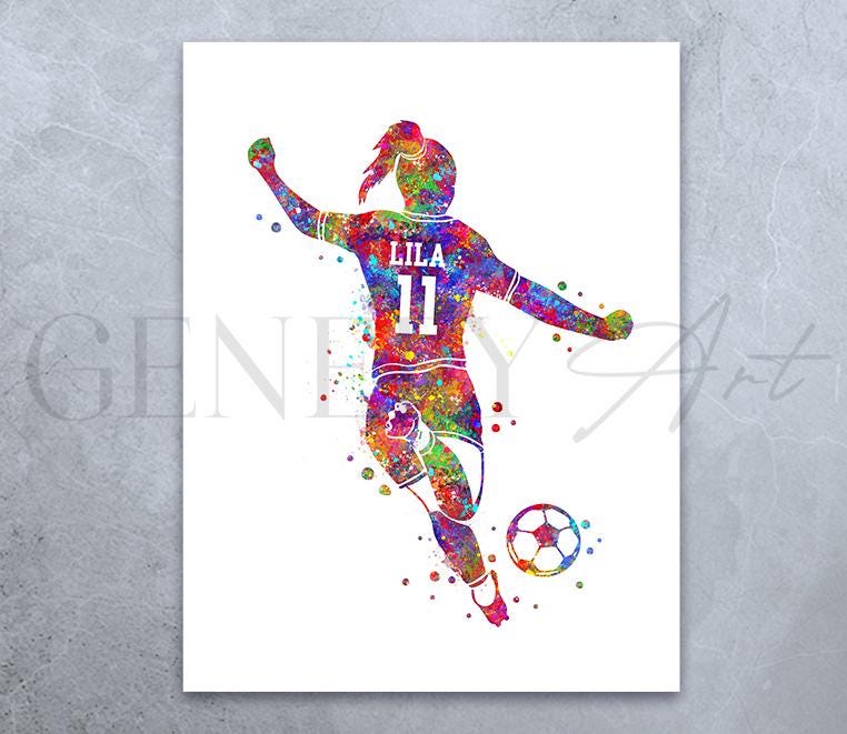 Personalized Female Soccer Player Watercolor Art Print