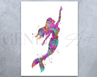 May include: A watercolor painting of a mermaid with a colorful tail and a pink and purple body. The mermaid is swimming upwards with her arms raised.