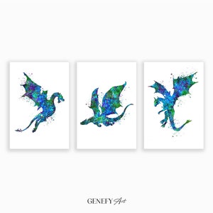 Dragon Watercolour Print - Set of 3 Dragon Prints - Dragon Nursery Wall Art - Dragon Nursery Decor - Dragon Poster - Dragon Wall Art