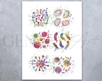 Bacteria Watercolor Art Print: Microbiology Bioscience Poster