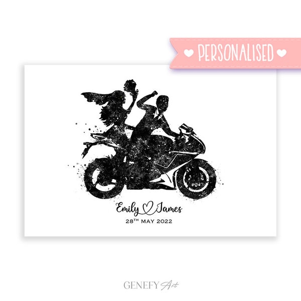 Personalised Bride and Groom on Motorbike Watercolour Print - Wedding Prints - Couple on Motorbike - Wedding Gift Ideas - Anniversary Gift