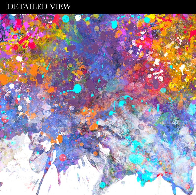 May include: Abstract art print featuring a colorful splatter paint design with shades of blue, purple, orange, yellow, pink, and turquoise.
