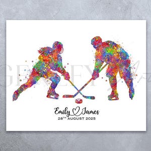 Personalisierter Eishockey Paar Aquarell Kunstdruck - Eishockey Paar Drucke - Eishockey Poster - Geschenk für Paare - Eishockey Kunst