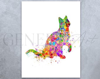 Colorful Cat Watercolor Art Print - Modern Home Decor