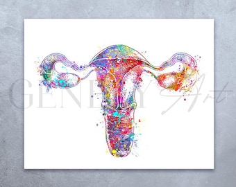 May include: A watercolor painting of the female reproductive system in vibrant colors, including pink, purple, blue, and green.
