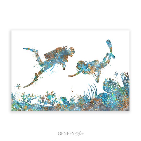 Scuba Diving Couple Aquarell Print - Affiche de plongée sous-marine - Art aquarelle de sport sous-marin - Décor mural de plongeur - Décor mural de plongée