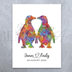 Personalisierte Pinguin Paar Aquarell Kunstdruck - Familie Portrait Druck - Paar Portrait - Jahrestag Geschenk - Valentinstag Geschenk