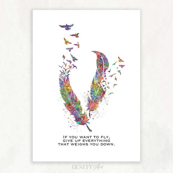 Birds Feather Quote Aquarelle Art Print - Citations inspirantes - Citations motivantes - Citations inspirantes - Ne jamais abandonner les citations Art mural