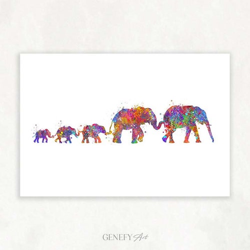 Personalised Cute watercolour elephant family Print  A4 Christmas New Home . 