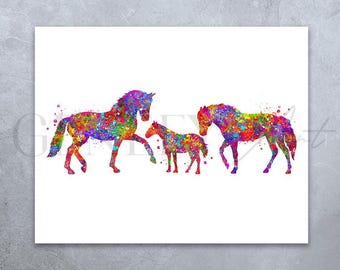 Horse Family Watercolor Art Print: Colorful Equine Portrait