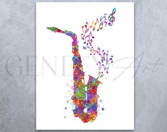 Saxophone Watercolor Art Print: Music Room Decor