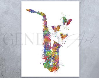 Saxophone Watercolor Art Print: Music Studio Decor