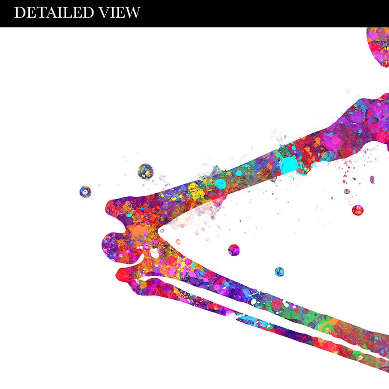 May include: A colorful watercolor painting of a human elbow joint. The bones are outlined in black and filled with vibrant colors, including pink, blue, green, yellow, and orange. The background is white with scattered paint splatters.