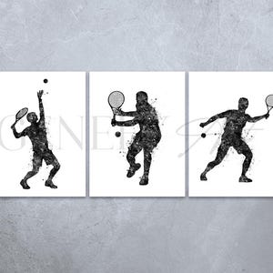Male Tennis Player - Set of 3 - Black and White Watercolour Art Print - Tennis Player Poster Gift for Son Tennis Player Print Tennis Artwork