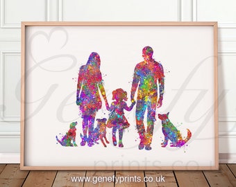 Family Watercolour Print  - Housewarming Gift - Family of 3 With Dogs - Family Watercolour Art - Gift for Family