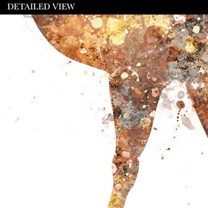 May include: Watercolor painting of a brown and orange giraffe with a white background. The giraffe is in a standing position with its head and neck not visible in the image. The giraffe's legs are visible and have a splatter paint effect.