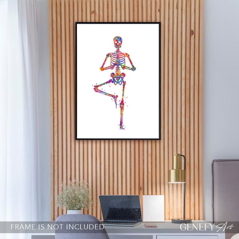 May include: A colorful watercolor painting of a skeleton in a yoga pose. The skeleton is in a tree pose with its arms raised in a meditative position. The painting is on a white background.