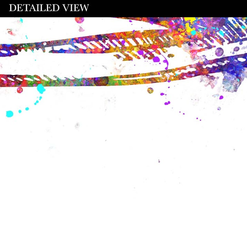 May include: Abstract watercolor painting with colorful streaks and splatters of paint. The colors include yellow, orange, red, pink, blue, purple, and green. The background is white.