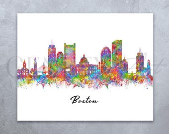 Boston Skyline Watercolor Art Print: Cityscape Wall Decor