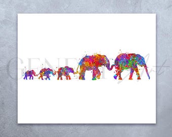 Elephant Family Watercolor Art Print: Family of 5