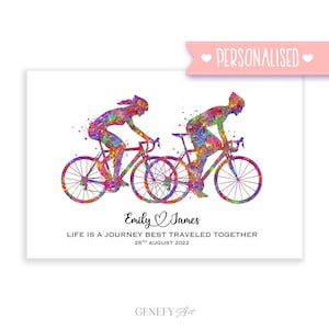 Personalized Couple Road Cyclist Watercolor Art Print