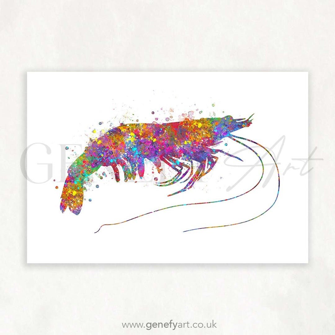 Lámina artística de acuarela de camarones - Obras de arte de camarones - Láminas de camarones - Láminas de mariscos - Arte para el comedor - Láminas para la cocina - Póster para la cocina