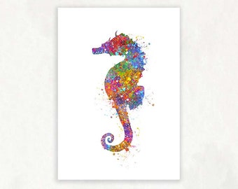 Seahorse Watercolour Art Print - Seahorse Portrait - Seahorse Prints - Seahorse Wall Art - Seahorse Vibrant Art - Bathroom Wall Art