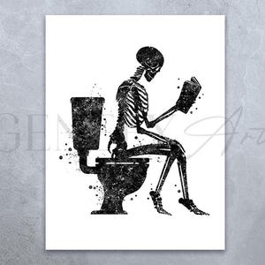 Skeleton Reading Print: Black & White Watercolor Art