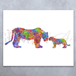 Lioness and Cub Watercolour Print - Lion Family Watercolor Art - Nursery Wall Art - Nursery Decor - Kids Birthday Gift