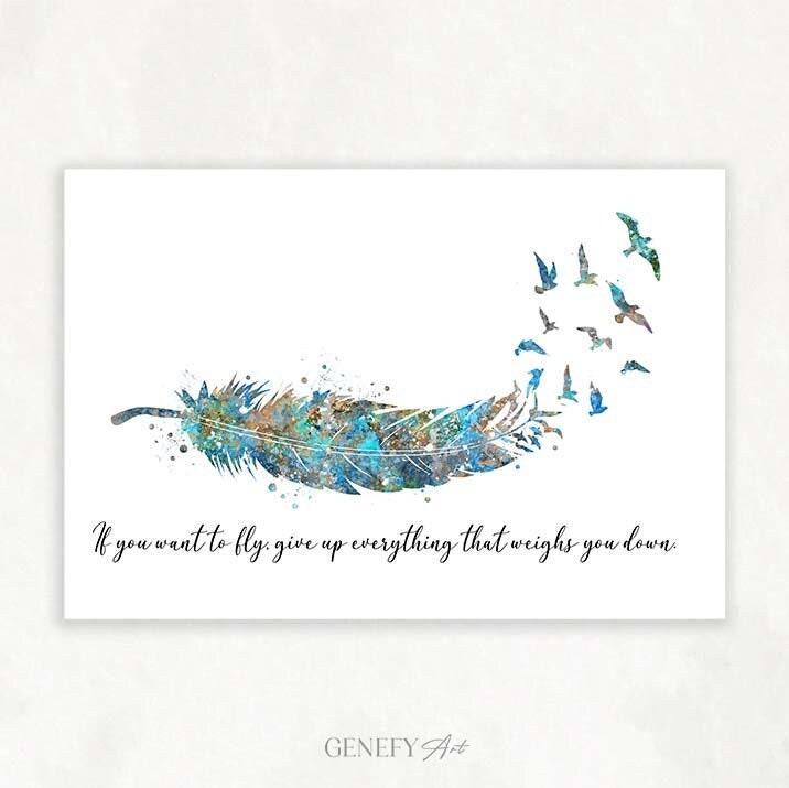 Birds Feather Quote Teal Watercolour Art Print Inspirational - Etsy