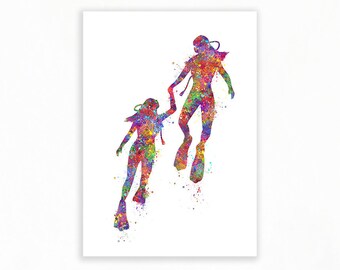 Female Scuba Divers Watercolor Art Print: Underwater Sport Poster