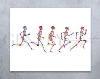 Running Phases Watercolor Art Print - Skeleton Running Print - Human Skeleton Anatomy Art - Running Stages Skeletal Bones Poster AS82