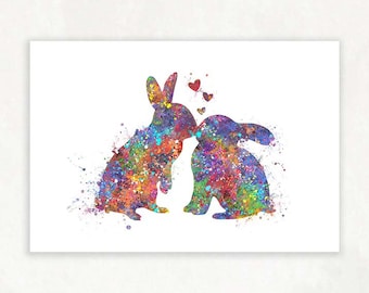 Rabbit Kissing Watercolor Art Print - Rabbit Prints - Rabbit Poster - Gift for Couple - Wedding Gift - Anniversary Gift - Housewarming Gift