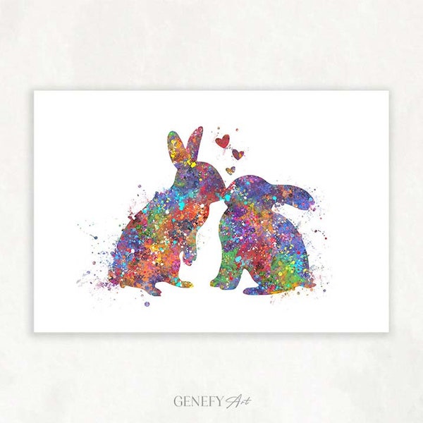 Rabbit Kissing Watercolor Art Print - Rabbit Prints - Rabbit Poster - Gift for Couple - Wedding Gift - Anniversary Gift - Housewarming Gift