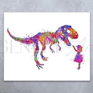 Little Girl and T-Rex Watercolour Print - Girl and Dinosaur Prints - Nursery Wall Art - Dinosaur Poster - Nursery Wall Decor -