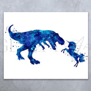 Impresión de acuarela de T-Rex y unicornio - Impresiones de dinosaurios y unicornios - Arte de pared para guardería - Póster de dinosaurios - Decoración de pared para guardería - Unicornio T-Rex