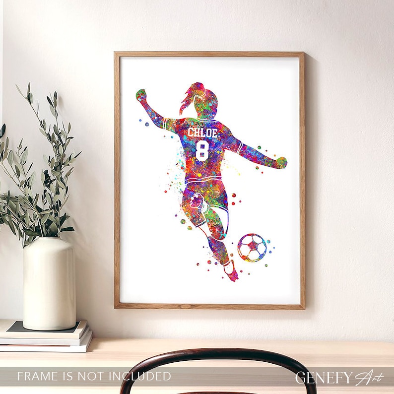 Personalised Female Soccer Player Watercolour Art Print Soccer Player Poster Soccer Print Sports Room Decor Soccer Art Decor image 4