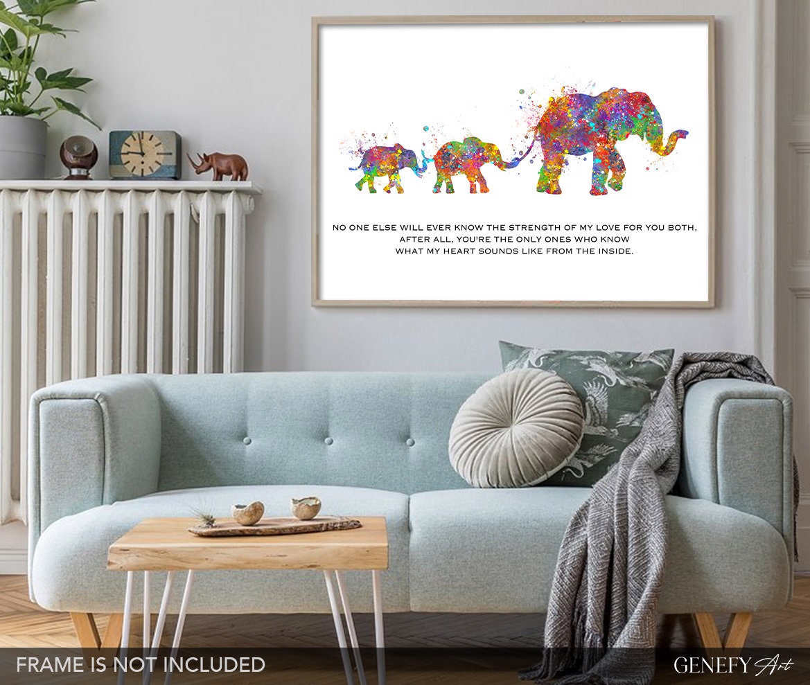 Baby Elephants and Mother Elephant Watercolor Print photo