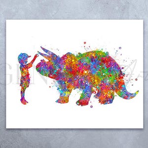 Impresión de acuarela de niño pequeño y triceratops - Impresiones de niña y dinosaurio - Arte de pared para guardería - Póster de dinosaurio - Decoración de pared para guardería Dinosaurio