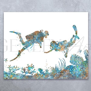 Impresión de acuarela de pareja buceando - Póster de buceo - Arte de acuarela de deporte submarino - Decoración de pared de buzo - Decoración de pared de buceo