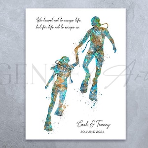 Impressão personalizada de casal de mergulho autônomo em aquarela - pôster de mergulho autônomo - presente de casamento - presente de dia dos namorados - decoração de parede de mergulho autônomo