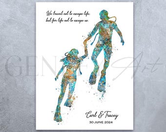 Personalized Scuba Diving Couple Watercolor Art Print