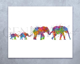 Elephant Family Watercolor Art Print: Colorful Family Portrait