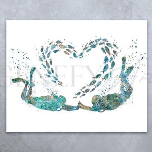 Impresión de acuarela de pareja buceando - Póster de buceo - Arte de acuarela de deporte submarino - Decoración de pared de buzo - Decoración de pared de buceo